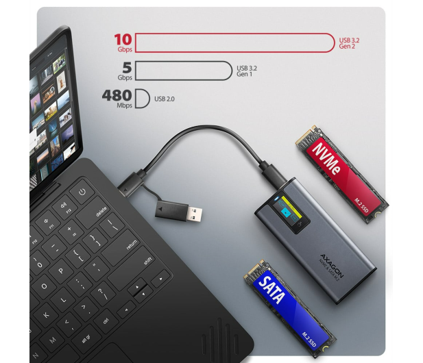 Axagon EEM2-SD2 USB-C 10Gbps - M.2 NVMe & SATA SSD bezśrubowa, ekra - 1485447 - zdjęcie 2